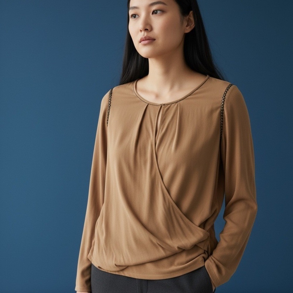 NUE 1904 Paris Camel Drape Front Studded Shoulder Long Sleeve Top Size 36‎